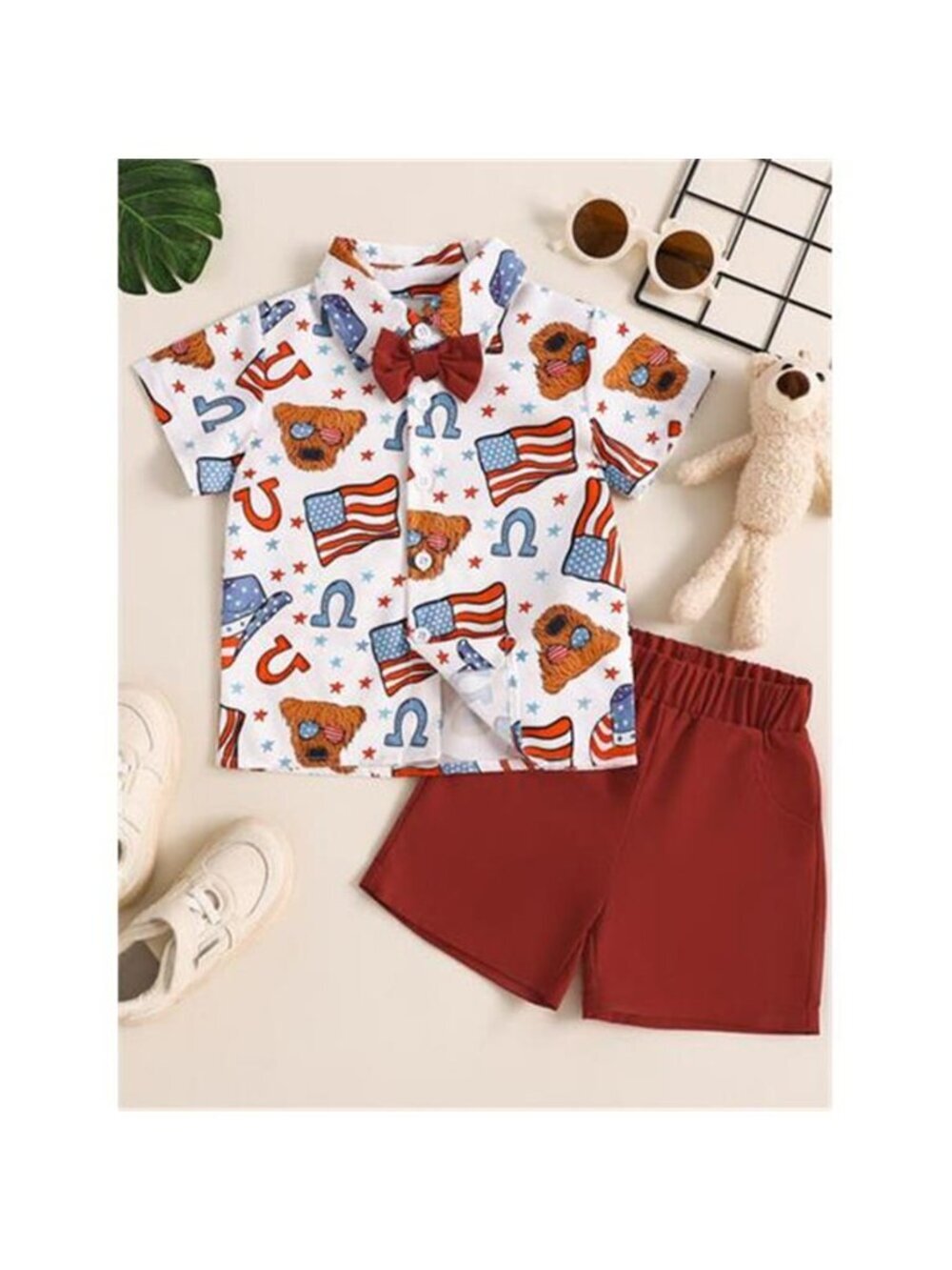 Children's American Flag Print Bow Tie Shirt & Shorts Set - Picture 7 of 12
